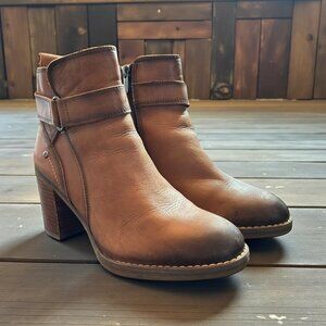 Pikolinos Leather Ankle Boots Cognac Brown Block Heel Zip Strap Detail Size 39